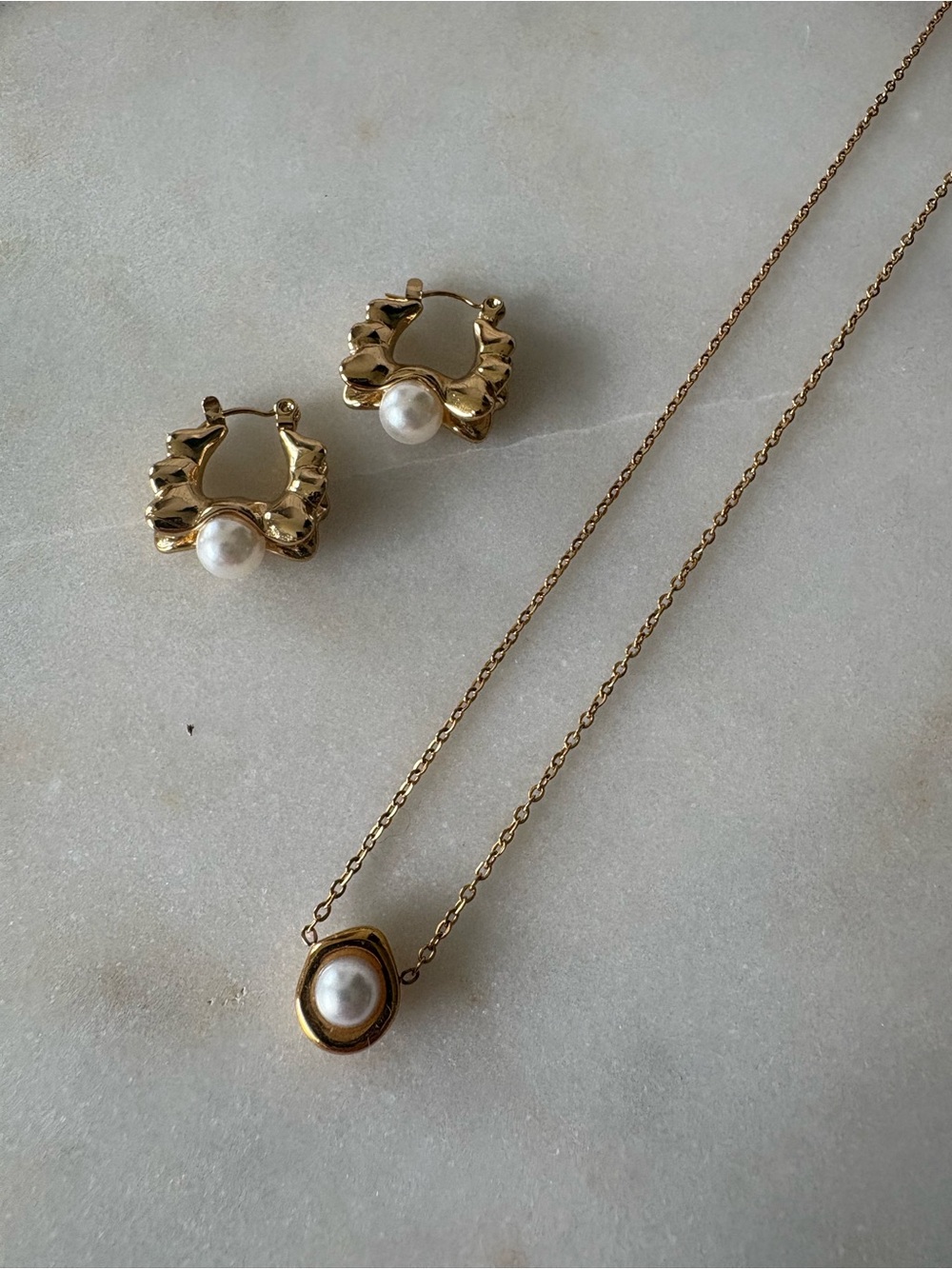 Gold Pearl Pendant Necklace and Hoop Earrings Set